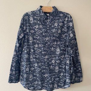 Tea Collection Boys Button Down Navy Blue, White Asian Motif Shirt 100% Cotton
